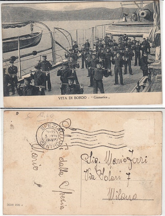 CC- CARTOLINA VITA DI BORDO GINNASTICA WW1 VIAGGIATA LA SPEZIA - CRT2435