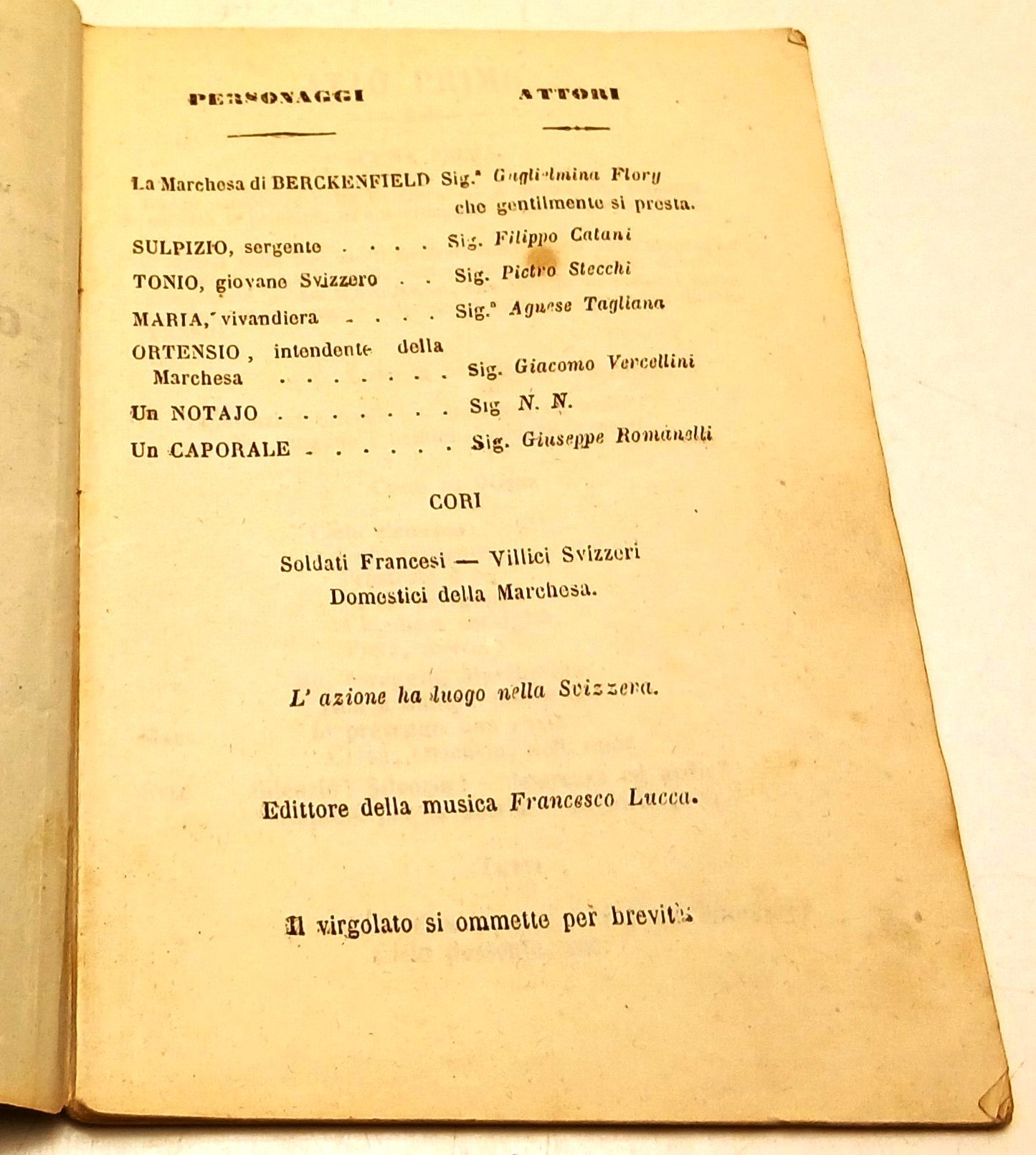 Libretto d'opera La figlia del Reggimento- Donizetti- Parma 1861- attori-RVSz141