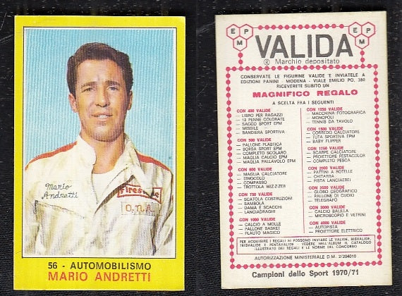 RACING CARS CARD- PANINI- CAMPIONI SPORT 1970/71- MARIO ANDRETTI - 56 - M VALIDA