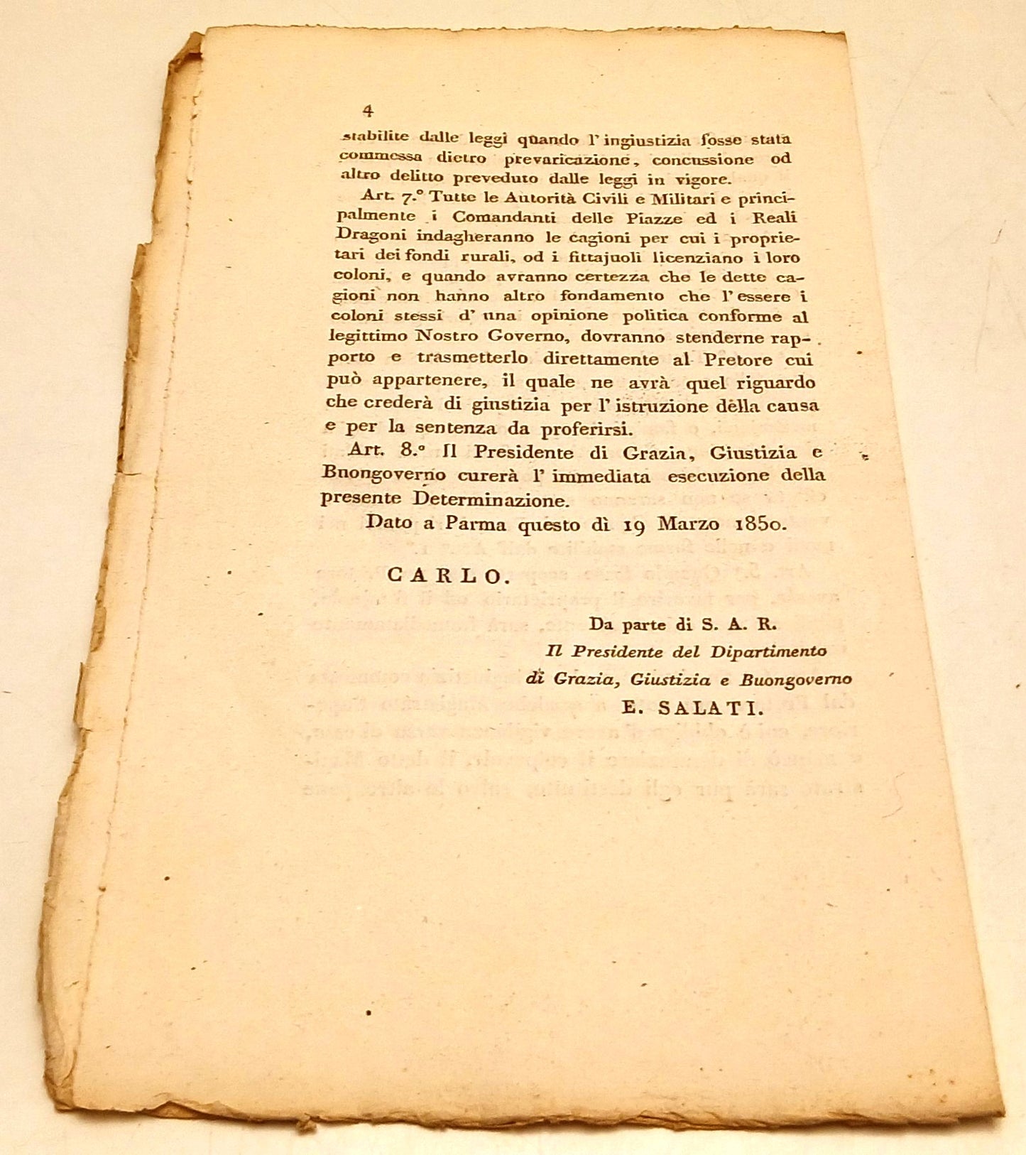 Determinazione sovrana Carlo III di Borbone Duca Parma Piacenza - 1850 - RVSa901
