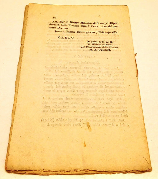 Decreto volture Carlo III di Borbone Duca di Parma Piacenza - 1852 - RVSa904
