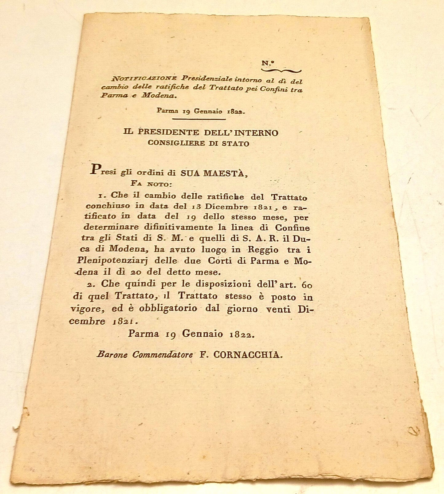 Notificazione Presidenziale confini Parma e Modena - Cornacchia - 1822 - RVSa907