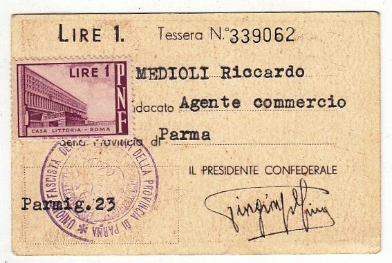 CV- TESSERA CONFEDERAZIONE FASCISTA COMMERCIANTI - PROVINCIA DI PARMA - RVSz12