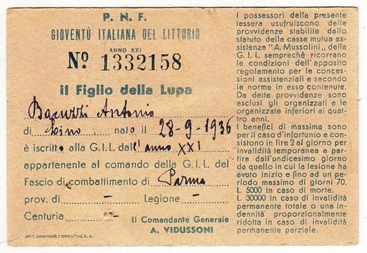 CV- GIOVENTU' ITALIANA DEL LITTORIO G.I.L. TESSERA IL FIGLIO DELLA LUPA - RVSz13