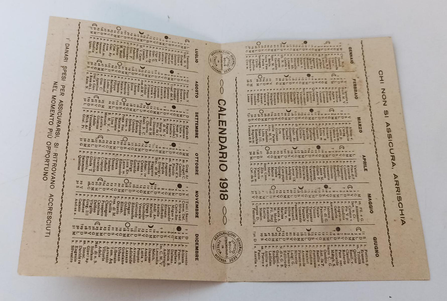 CV- ASSICURAZIONI GENERALI DI VENEZIA CALENDARIO TASCABILE 1918 - RVSa76