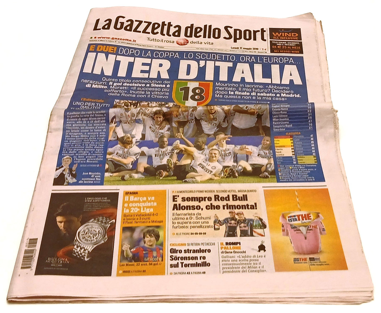 LC- GAZZETTA DELLO SPORT LUNEDI' 10 MAGGIO 2010 - 18° SCUDETTO INTER - RVSa800