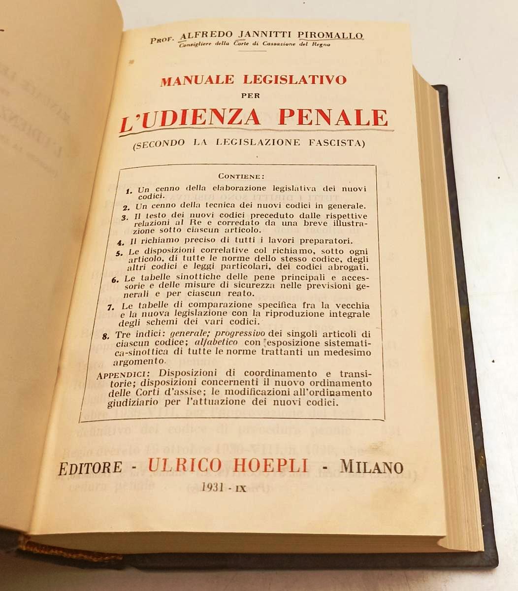 LZ- MANUALE LEGISLATIVO PER L'UDIENZA PENALE- PIROMALLO- HOEPLI--- 1931- C-XFS40