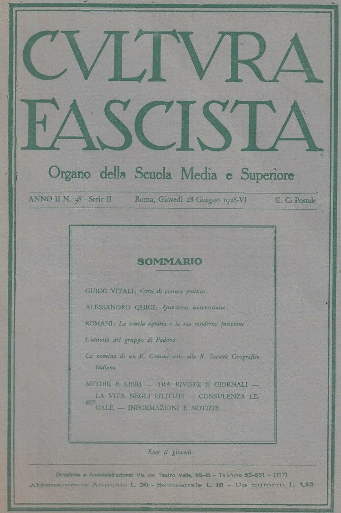 LR- RIVISTA CULTURA FASCISTA ANNO II N.38 ORGANO SCUOLA -- ROMA--- 1928- S- MLT4