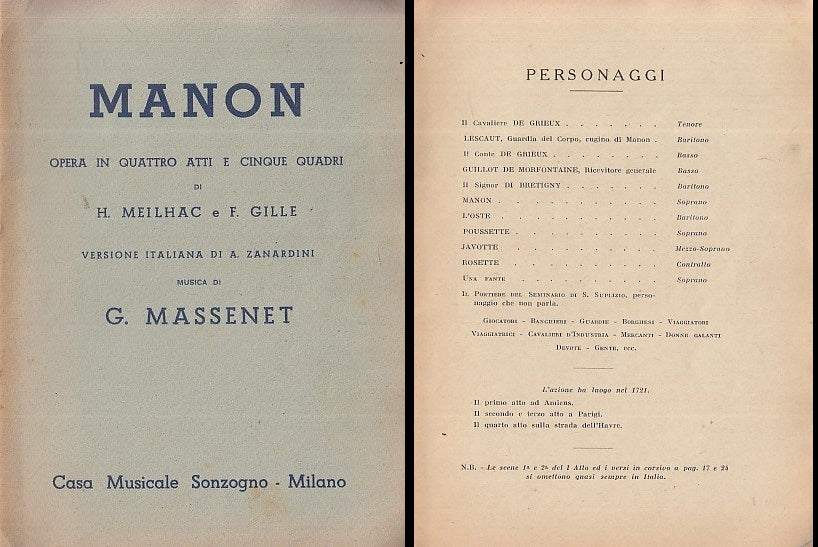 LT- LIBRETTO OPERA MANON - MASSENET MEILHAC GILLE - SONZOGNO --- 1900- S- YDS470