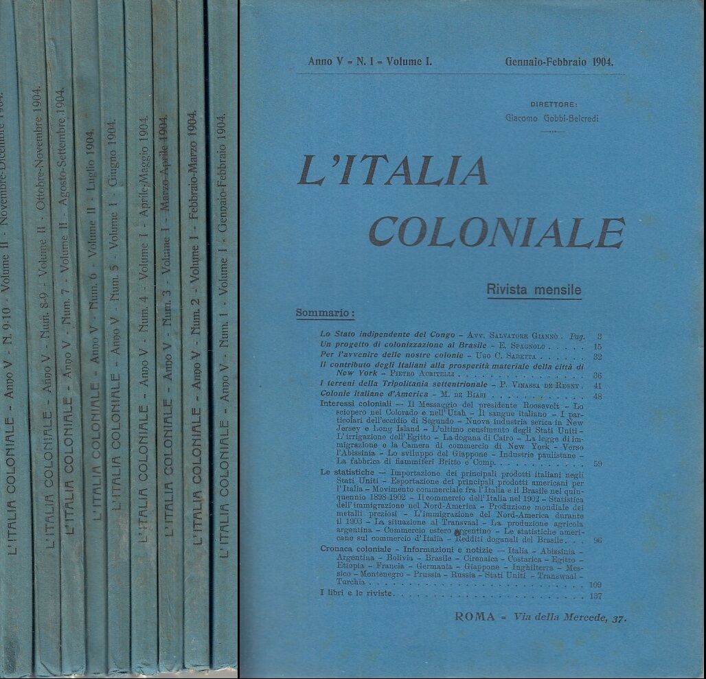 LR- RIVISTA MENSILE L'ITALIA COLONIALE ANNATA COMPLETA- BELCREDI-- 1904- B- YDS1