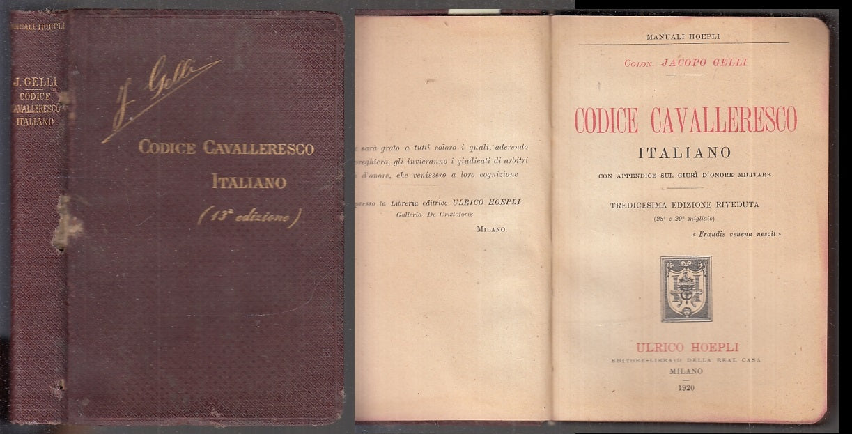 LZ- CODICE CAVALLERESCO ITALIANO - JACOPO GELLI- HOEPLI-- 13a ED.- 1920- C- XFS8