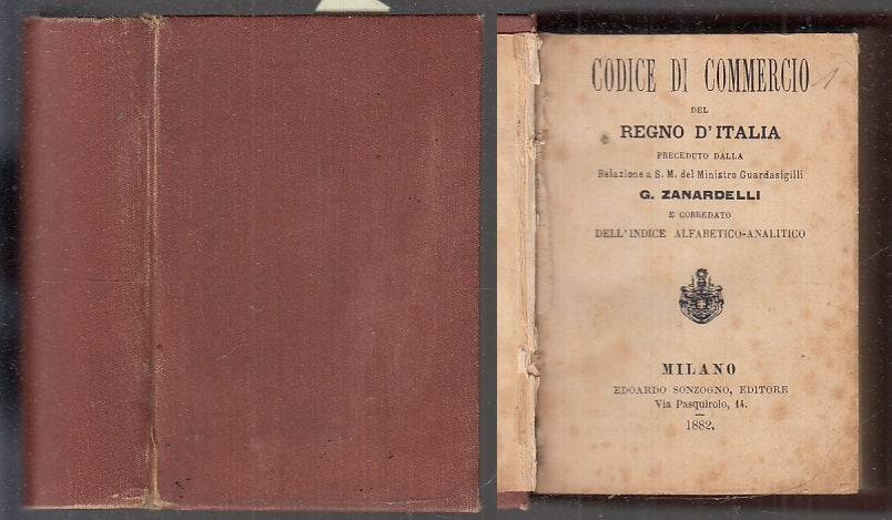 LZ- CODICE DEL COMMERCIO REGNO D'ITALIA - ZANARDELLI - SONZOGNO--- 1882- C- XFS8