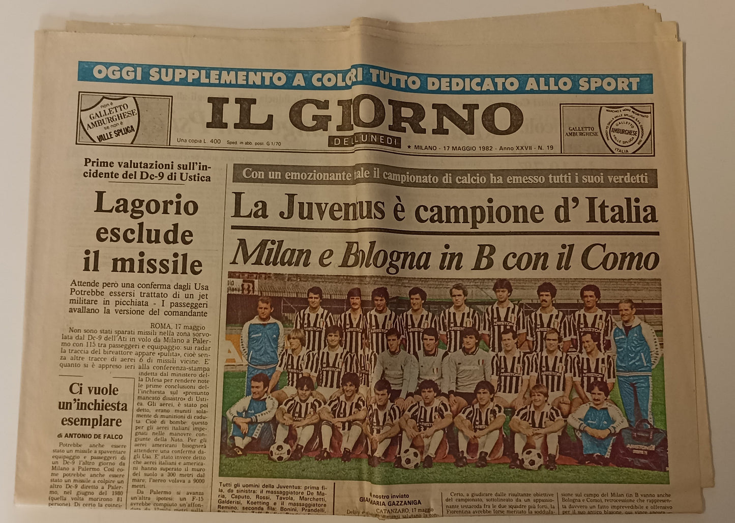 LC- QUOTIDIANO IL GIORNO JUVENTUS CAMPIONE D'ITALIA SCUDETTO 20----- 1982- S-YFS