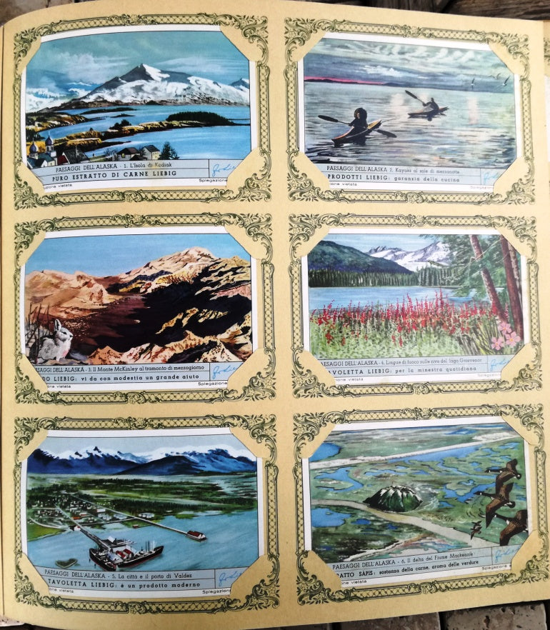 FIGURINE LIEBIG PAESAGGI DELL'ALASKA 1/6 COMPLETA SERIE 1670 1957 ITALIA