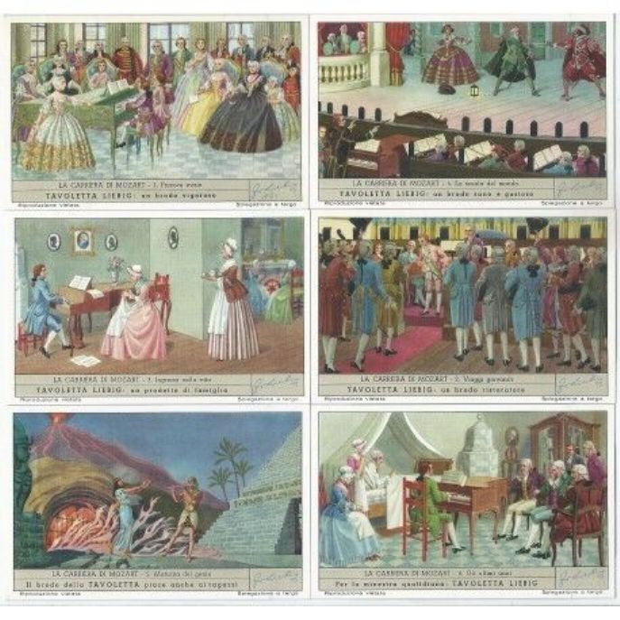 FIGURINE LIEBIG LA CARRIERA DI MOZART 1/6 COMPLETA SERIE 1652 1952 ITALIA