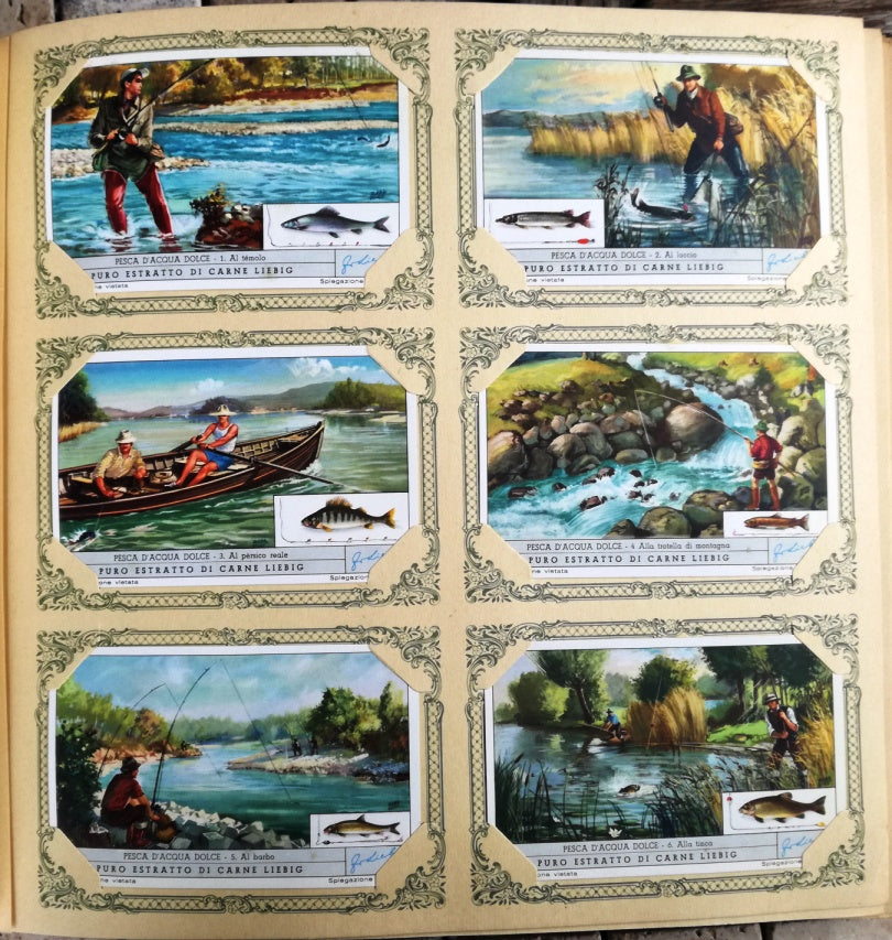 FIGURINE LIEBIG PESCA D'ACQUA DOLCE 1/6 COMPLETA SERIE 1623 1955 ITALIA