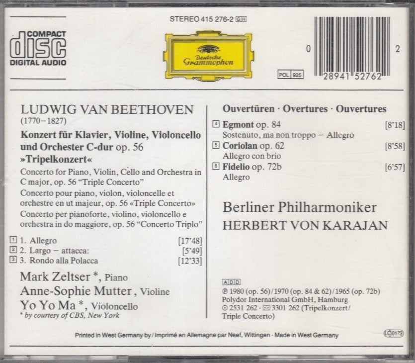 MCD- CD BEETHOVEN TRIPELKONZERT EGMONT CORIOLAN FIDELIO DEUTSCHE GRAMMOPHON-ZCD1