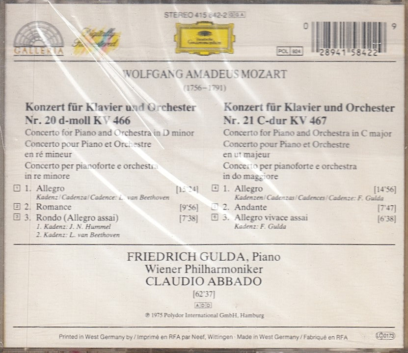 MCD- CD MOZART KLAVIERKONZERTE 20 21 GULDA ABBADO DEUTSCHE GRAMMOPHON - ZCD9