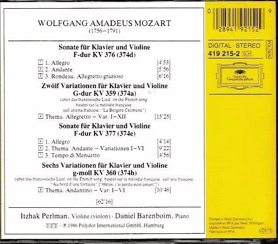 MCD- CD MOZART - VIOLINSONATEN BARENBOIM PERLMAN DEUTSCHE GRAMMOPHON - ZCD12
