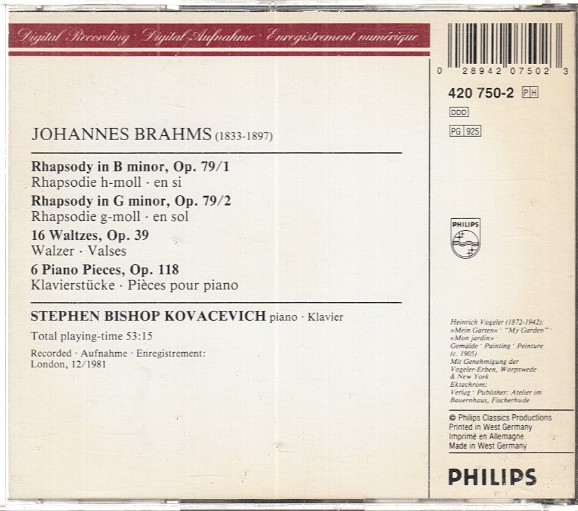 MCD- CD BRAHMS RHAPSODIES WALTZES PIANO PIECES KOVACEVICH PHILIPS - ZCD18