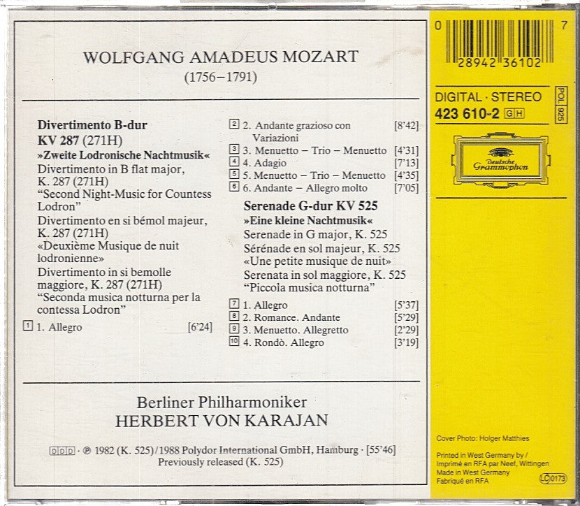 MCD- CD MOZART KV 287 525 KARAJAN DEUTSCHE GRAMMOPHON - ZCD8