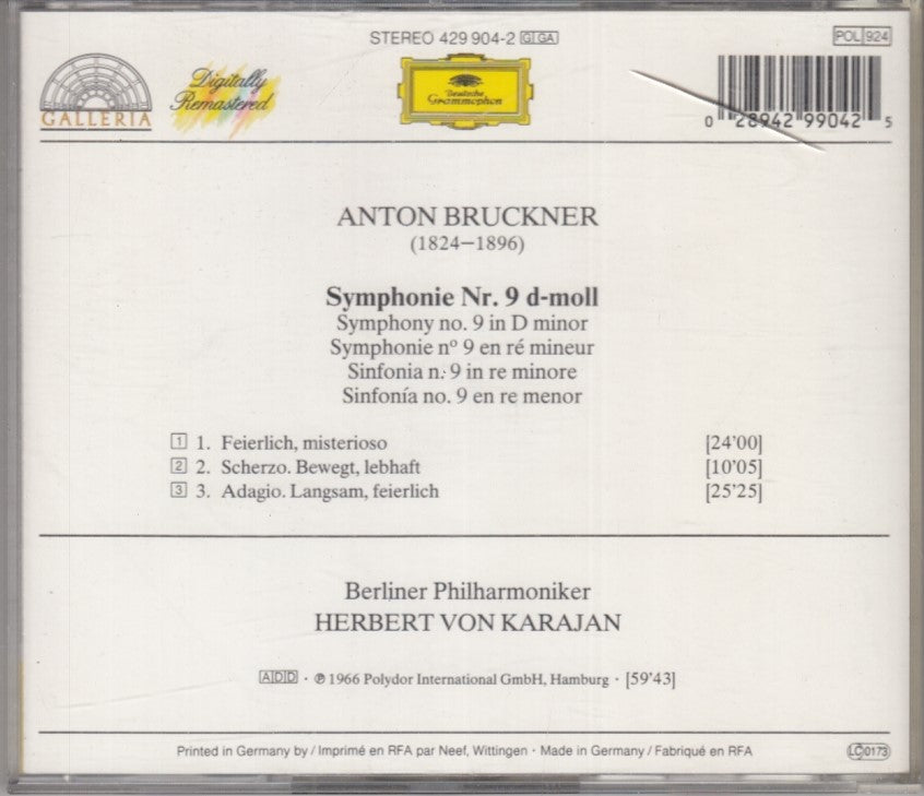MCD- CD BRUCKNER SYMPHONIE NO. 9 VON KARAJAN DEUTSCHE GRAMMOPHON - ZCD1