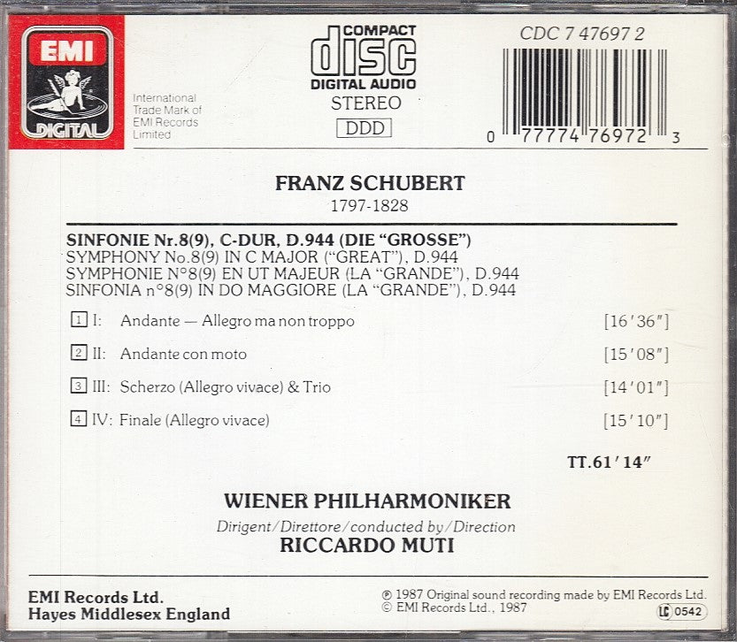 MCD- CD SCHUBERT SYMPHONIEN 8(9) DIE GROSSE MUTI WIENER PHILARMONIKER EMI - ZCD4