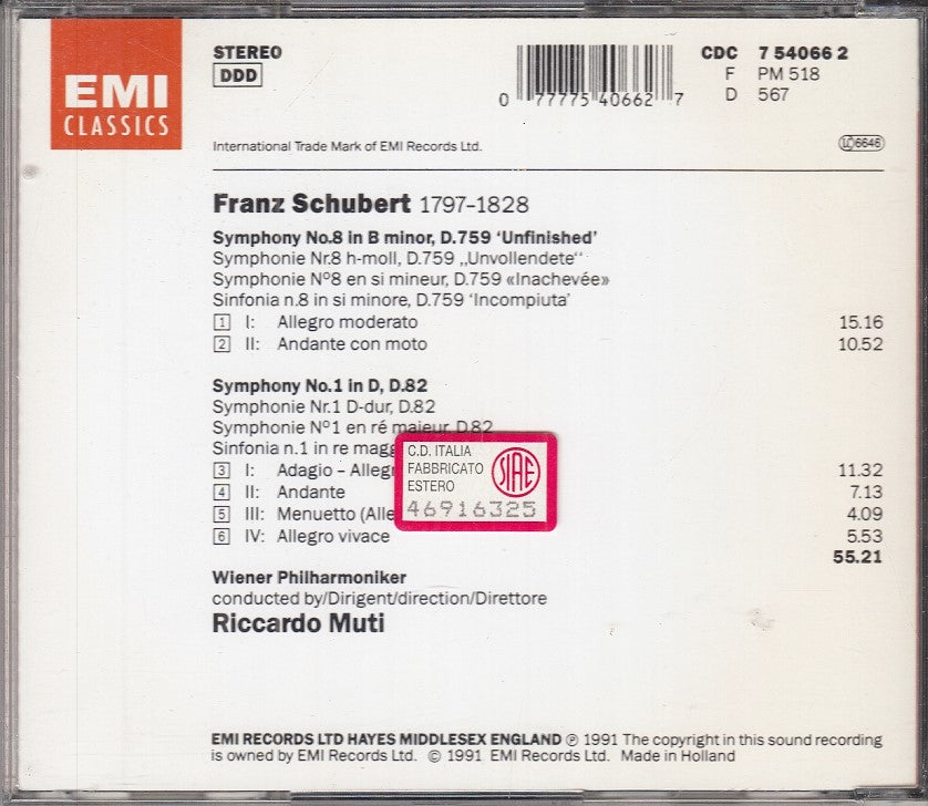 MCD- CD SCHUBERT SYMPHONIEN 1 & 8  MUTI WIENER PHILARMONIKER EMI - ZCD4