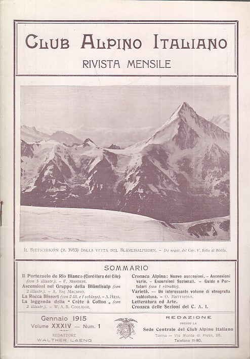 LR- RIVISTA MENSILE CLUB ALPINO ITALIANO N.1 ANNO XXXIV ----- 1915 - S - XDS20