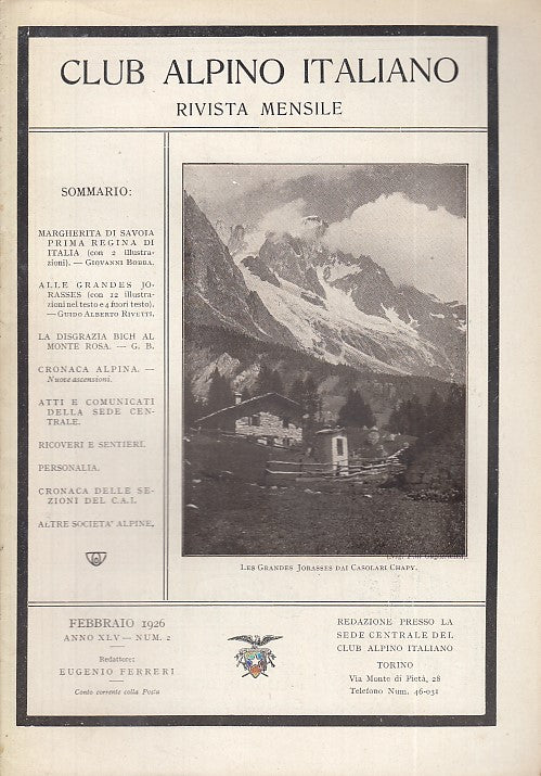 LR- RIVISTA MENSILE CLUB ALPINO ITALIANO N.2 ANNO XLV ----- 1926 - S - XDS20