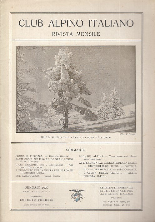 LR- RIVISTA MENSILE CLUB ALPINO ITALIANO N.1 ANNO XLV ----- 1926 - S - XDS20