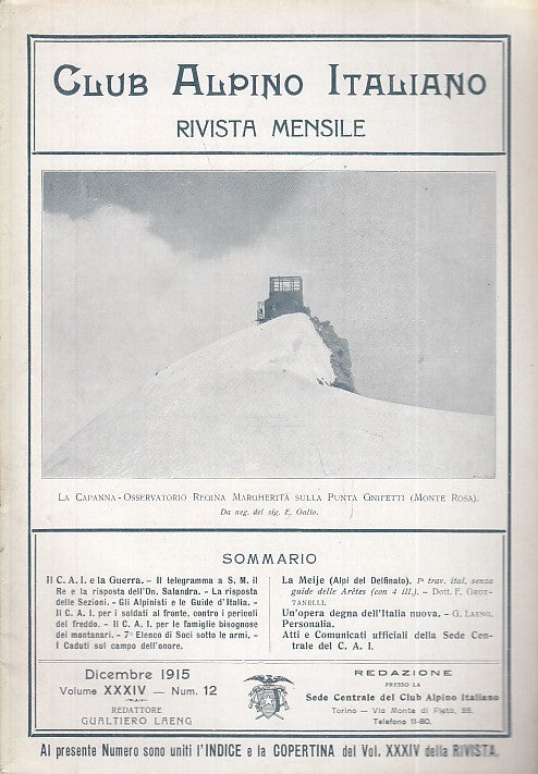 LR- RIVISTA MENSILE CLUB ALPINO ITALIANO N.12 ANNO XXXIV ----- 1915 - S - XDS20