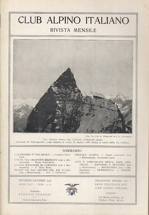 LR- RIVISTA MENSILE CLUB ALPINO ITALIANO N.11/12 ANNO XLV ----- 1926- S - XDS20