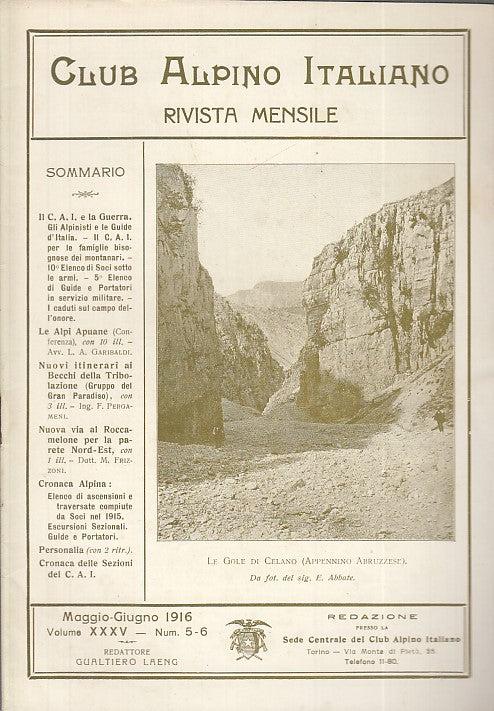 LR- RIVISTA MENSILE CLUB ALPINO ITALIANO N.5/6 ANNO XXXV ----- 1916 - S - XDS20