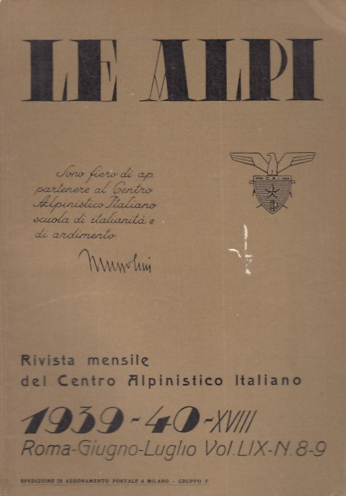 LR- RIVISTA MENSILE CENTRO ALPINISTICO LE ALPI N.8/9 1939/40----- 1940- B- XDS20