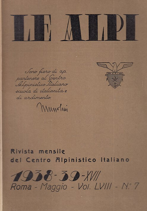 LR- RIVISTA MENSILE CENTRO ALPINISTICO LE ALPI N.7 1938/39 ----- 1939 - B- XDS20