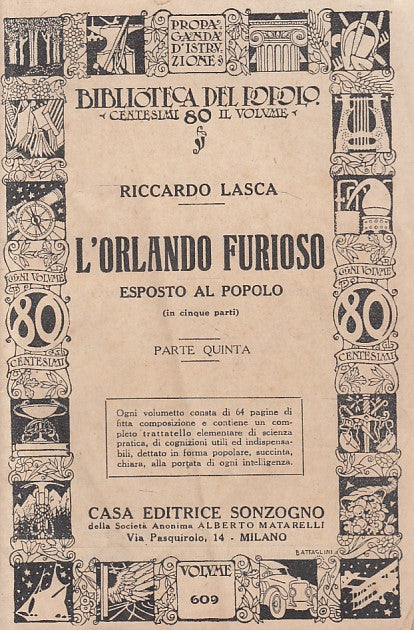 LN- L'ORLANDO FURIOSO - LASCA - SONZOGNO- BIBLIOTECA POPOLO-- 1940 - BS - ZDS289