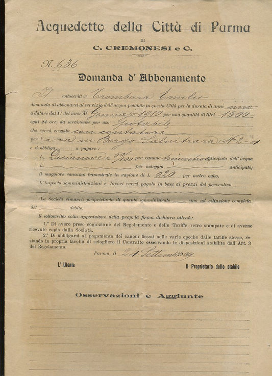 CV- ACQUEDOTTO CITTA' DI PARMA DI CREMONESI DOMANDA D'ABBONAMENTO 1914 - YFS133