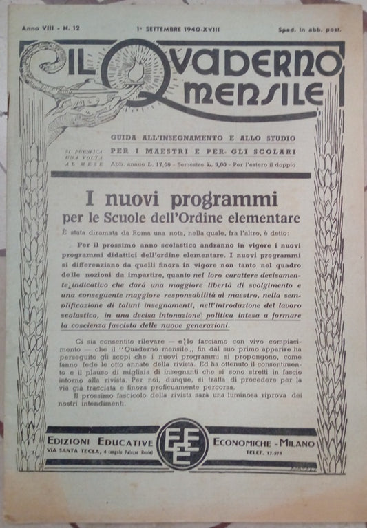 LH- IL QUADERNO MENSILE N.12 1940 XVIII-- EDIZIONI EDUCATIVE--- 1940- S- YFS520