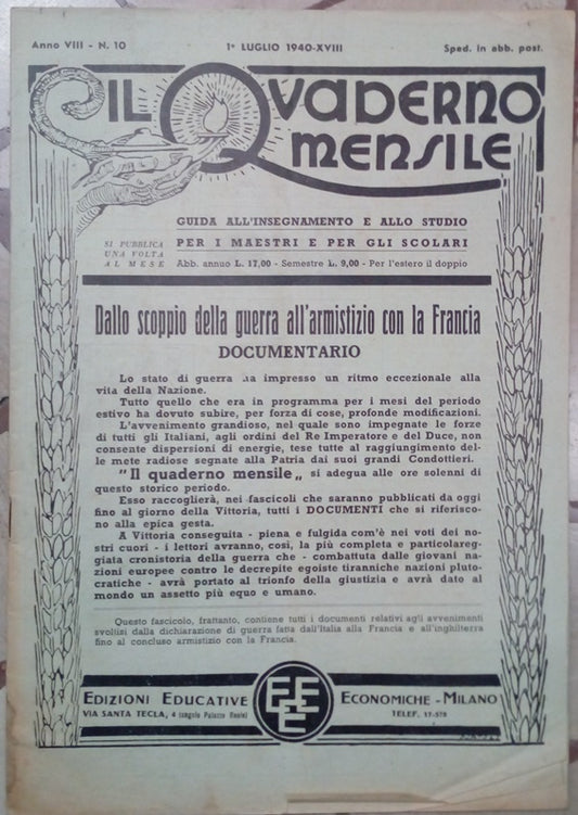 LH- IL QUADERNO MENSILE N.10 1940 XVIII-- EDIZIONI EDUCATIVE--- 1940- S- YFS520