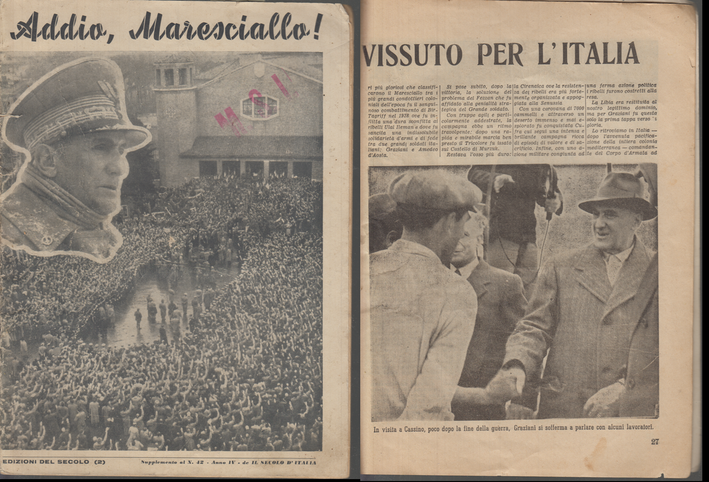 LS- ADDIO MARESCIALLO! RODOLFO GRAZIANI -- EDIZIONI DEL SECOLO --- 1955- S- MLT3