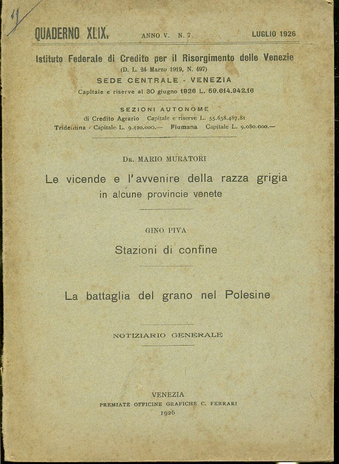 LH- QUADERNO MENSILE RAZZA GRIGIA BATTAGLIA GRANO POLESINE ----- 1926- B- ZFS576