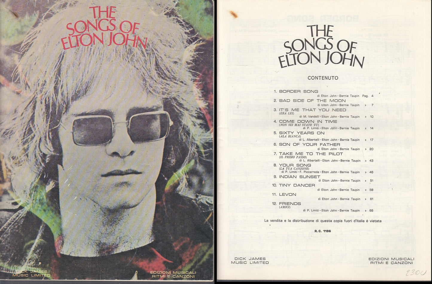 LT- THE SONGS OF ELTON JOHN-- EDIZIONI MUSICALI RITMI CANZONI--- 1972- S- YFS249