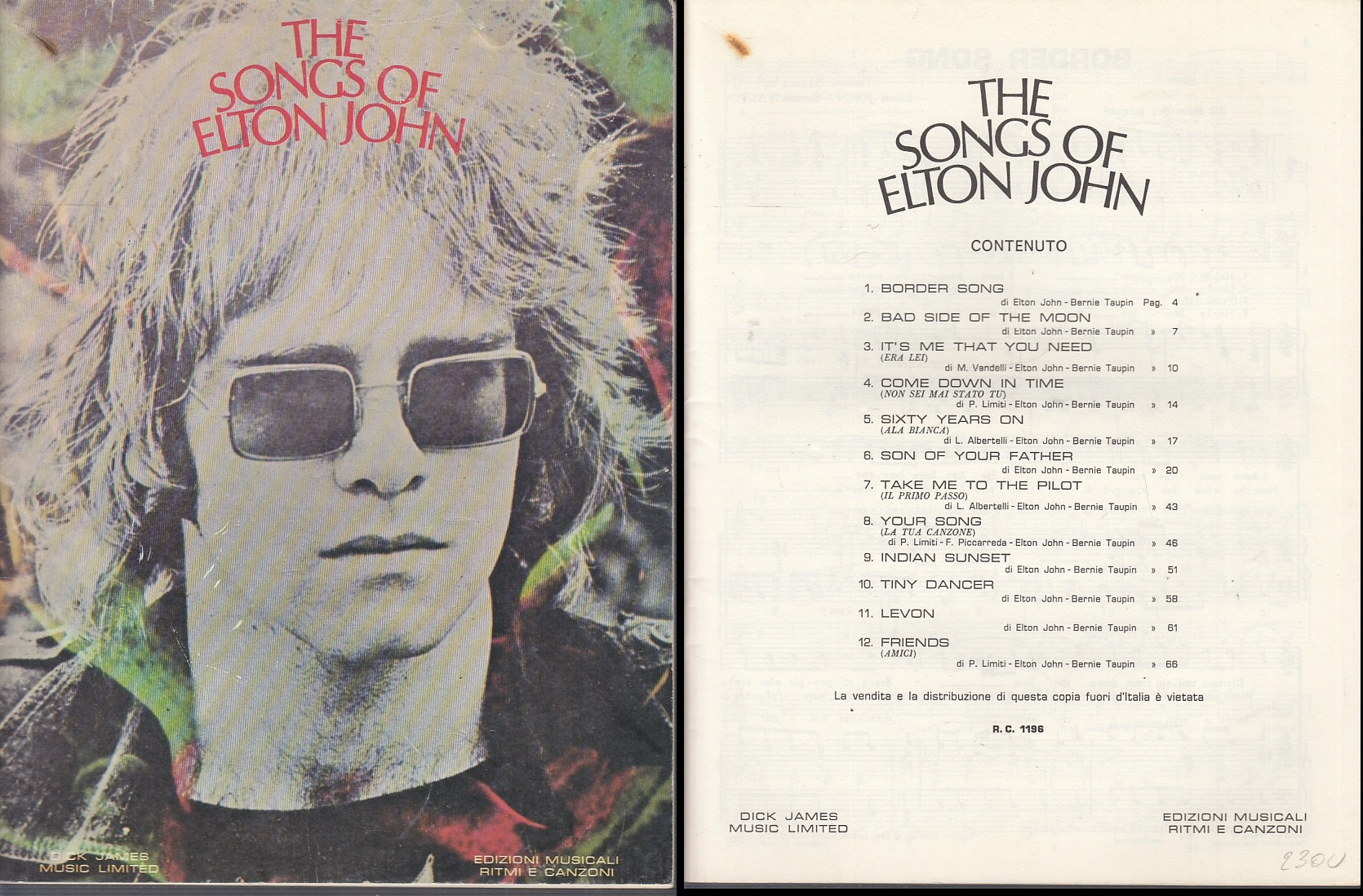 LT- THE SONGS OF ELTON JOHN-- EDIZIONI MUSICALI RITMI CANZONI--- 1972- S- YFS249