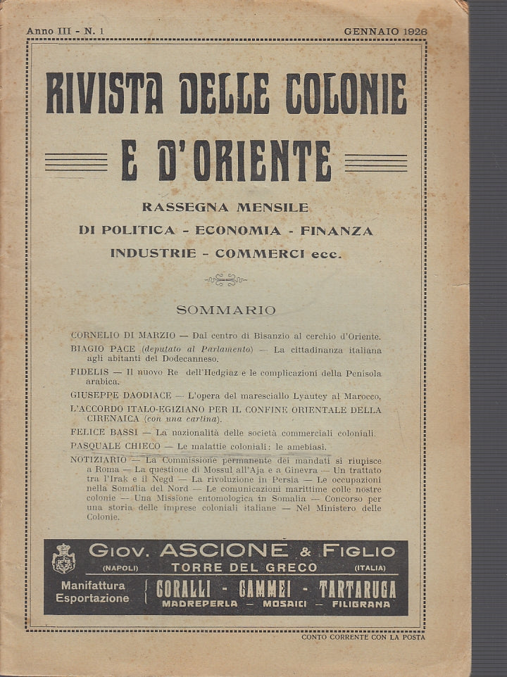 LH- RIVISTA DELLE COLONIE E D'ORIENTE ANNO III N.1 ----- 1926- S- XFS56