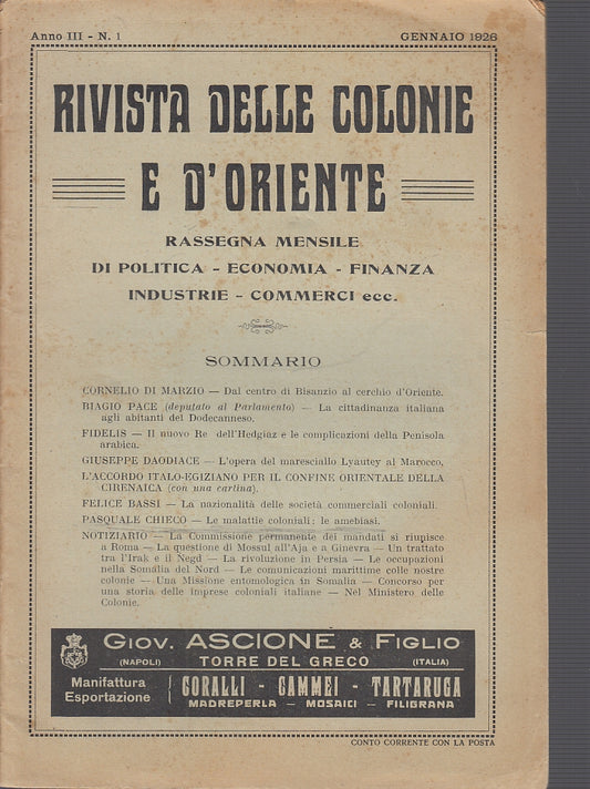 LH- RIVISTA DELLE COLONIE E D'ORIENTE ANNO III N.1 ----- 1926- S- XFS56