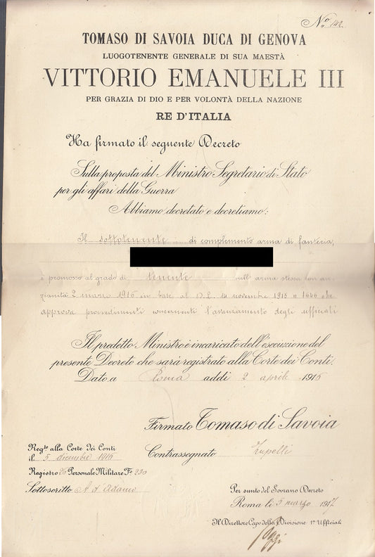 CV- DIPLOMA ORIGINALE TENENTE 1917 - VITTORIO EMANUELE III DI SAVOIA - XFS56