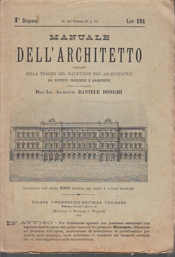 LH- MANUALE DELL'ARCHITETTO DISPENSE 1/25- DANIELE DONGHI- UTET--- 1893- S-XFS52