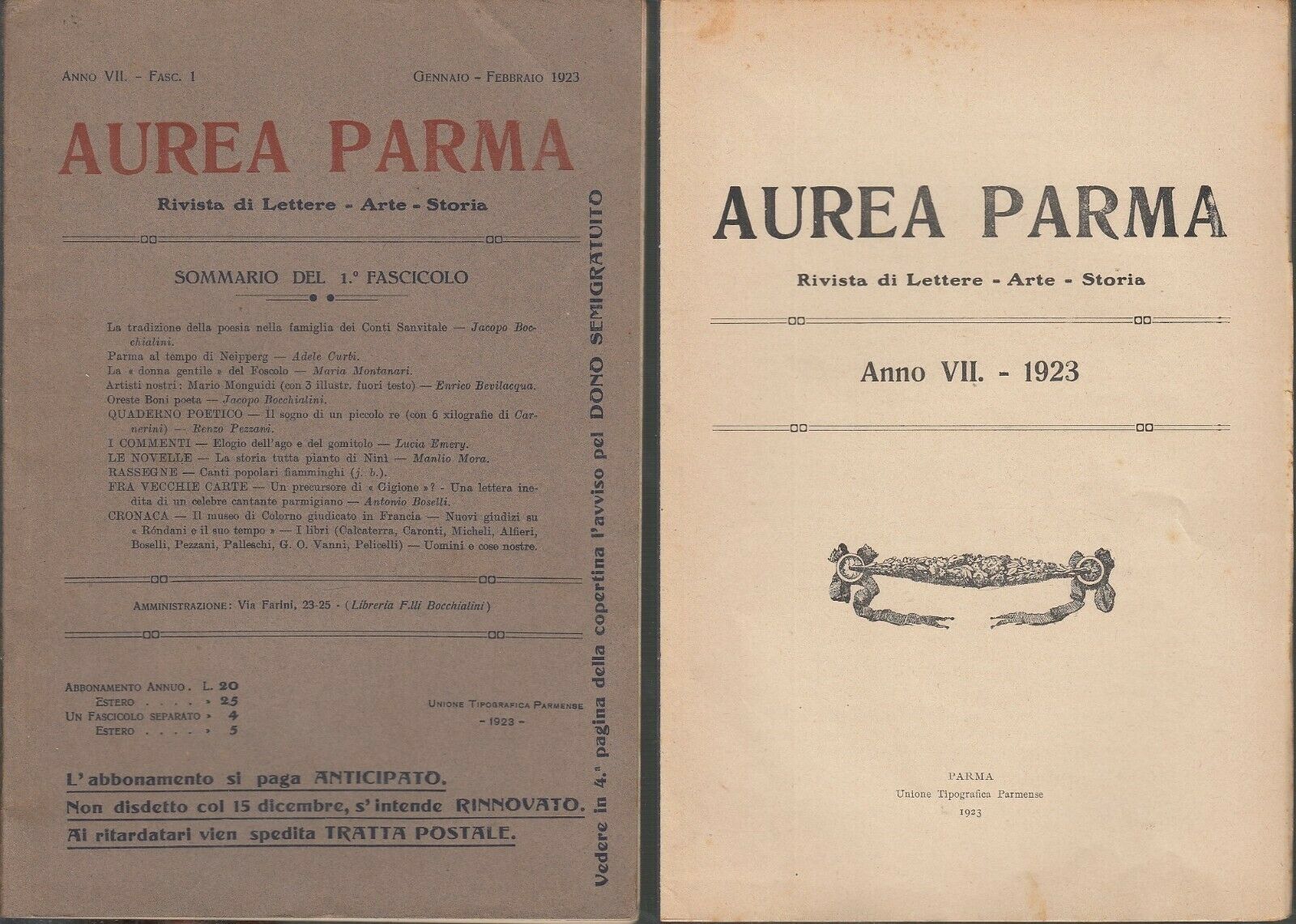 LT- RIVISTA AUREA PARMA FASCICOLI I/VI ANNATA COMPLETA INDICI----- 1923- B-XFS19