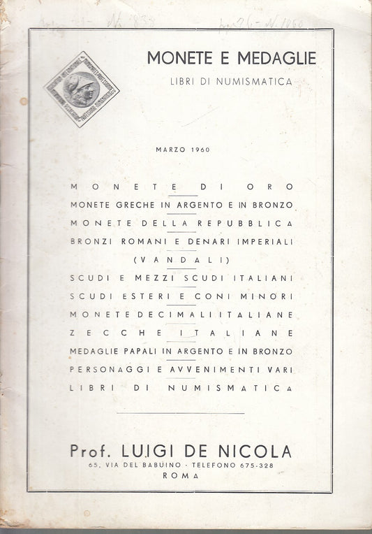 LR- CATALOGO MONETE E MEDAGLIE LIBRI DI NUMISMATICA-- DE NICOLA--- 1960- S-XFS19